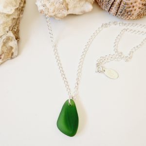 silver necklace with green sea glass