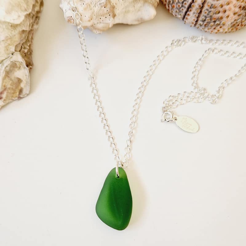 silver necklace with green sea glass