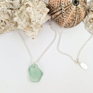 Lagoena Sea Glass Necklace with sterling silver chain and sea shells as decoration