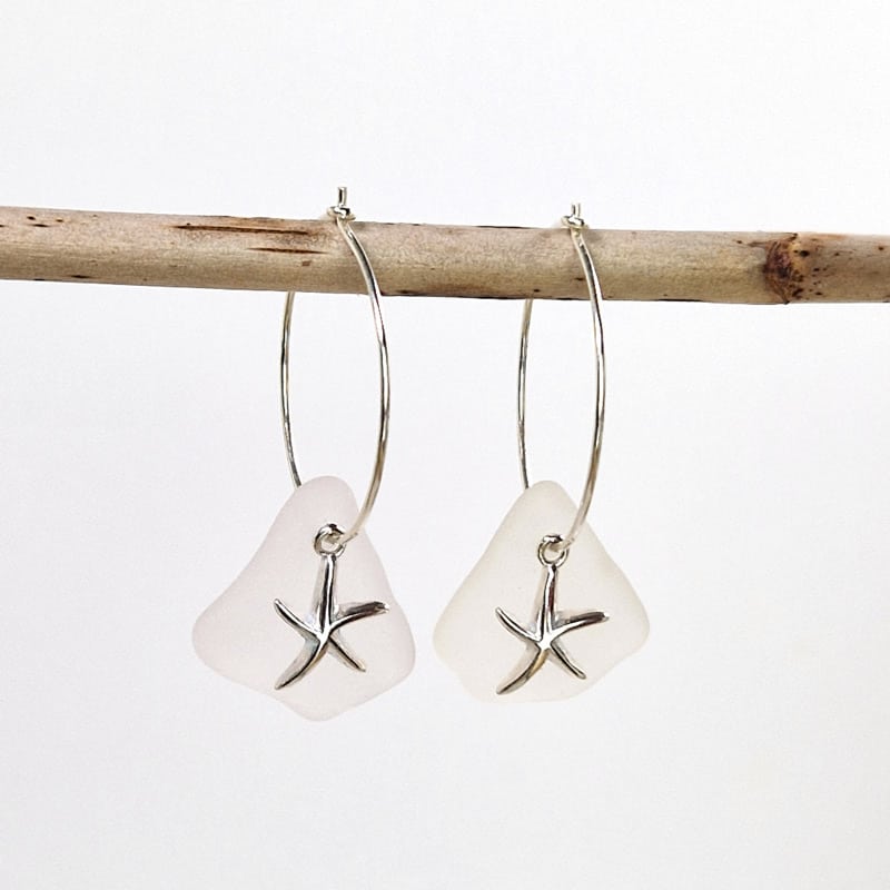 Ocean Star Sea Glass Hoops hanging on wooden stick