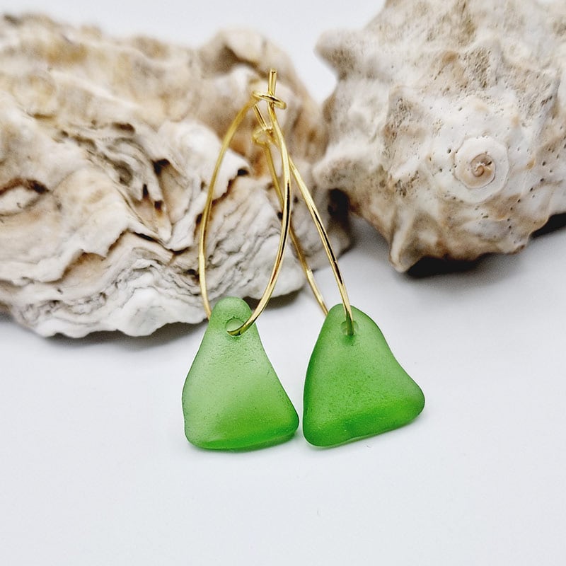 Viridis Golden Hoops, green sea glass on golden hoops