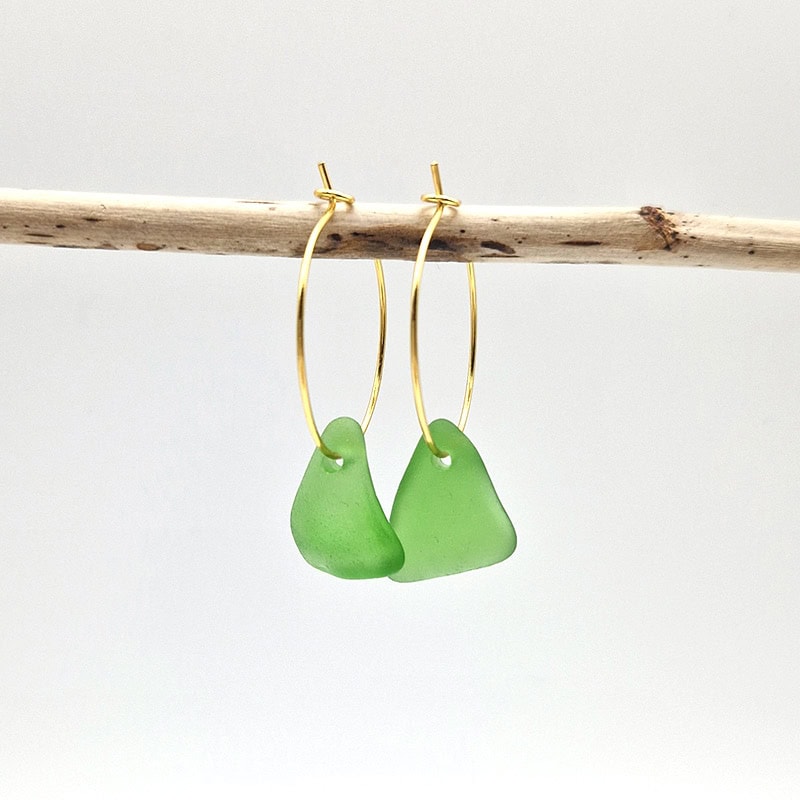 Viridis Golden Hoops, green sea glass on golden hoops